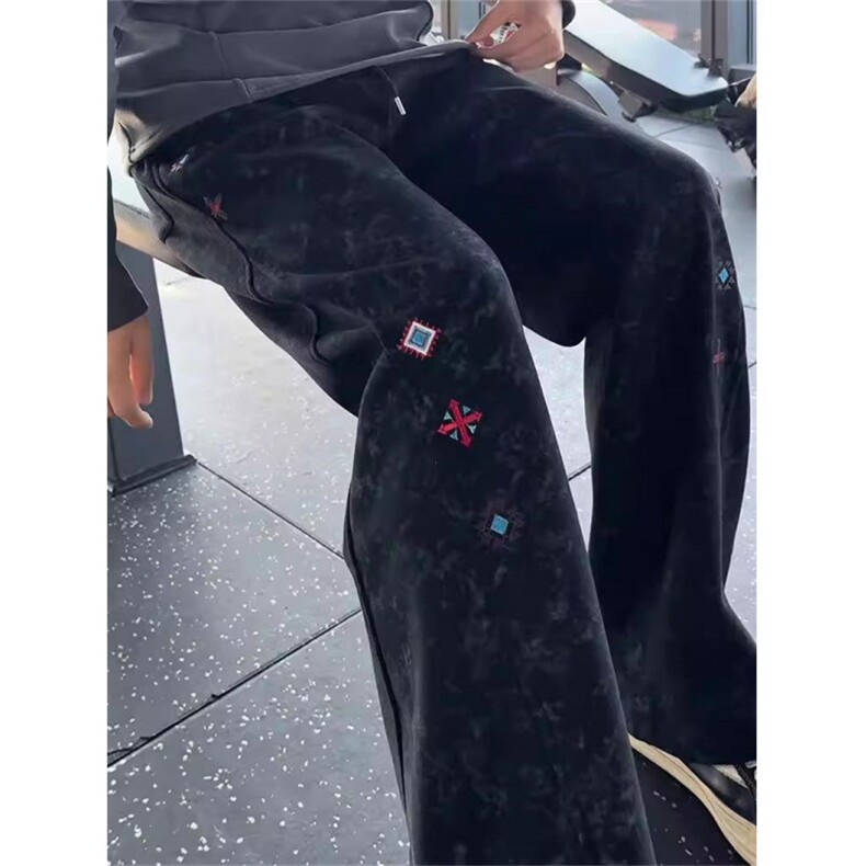 扎染刺绣直筒卫裤男春秋美式宽松窄版阔腿裤弯刀微喇裤子,男装休闲裤,四季星座505