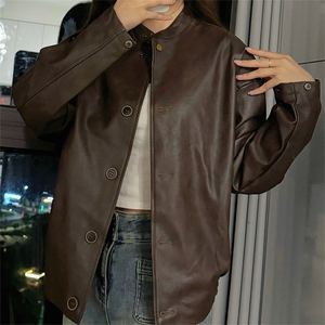 复古棕短款皮衣外套女美拉德高级感立领PU机车夹克 C845-P110图片