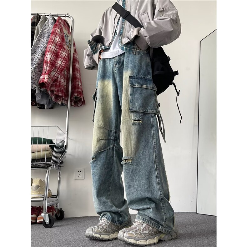 美式复古破洞工装牛仔裤男秋季新款宽松直筒阔腿裤子高街潮牌嘻哈,男装牛仔裤,星座1013