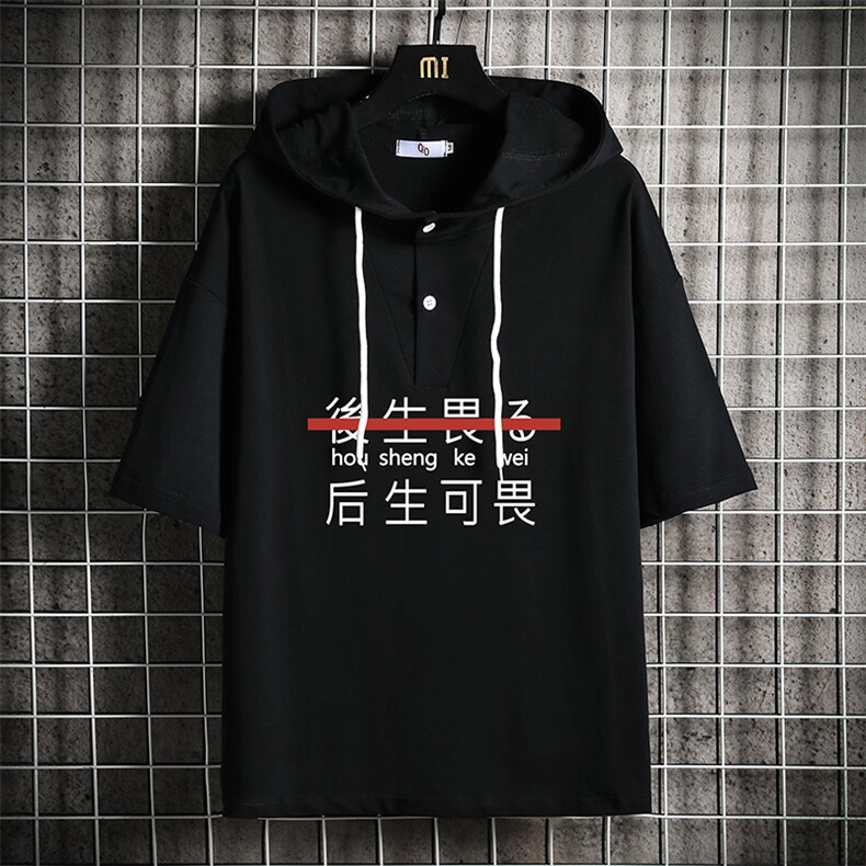 LD54028-P45 连帽短袖t恤男大码胖子带帽五分袖中袖 网格挂拍图片