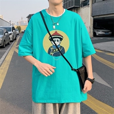 T3675P25已爆卡通印花T恤克莱因蓝T圆领男港风T恤落肩款宽松T恤，男装T恤，星座510A-1