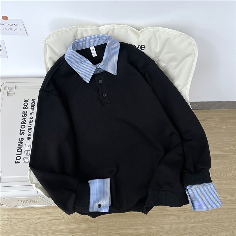 加绒加厚假两件撞色拼接衬衫领长袖T恤男上衣WY009-P45加绒P50,男装T恤,星座308B-2