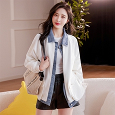 独特超好看牛仔拼接外套女春秋设计感小众休闲百搭假两件白色夹克，女装短外套，靓星雨