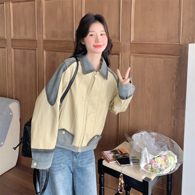 小众设计感牛仔拼接皮衣外套女2025春新款韩版宽松小个子休闲夹克,女装短外套,2C269