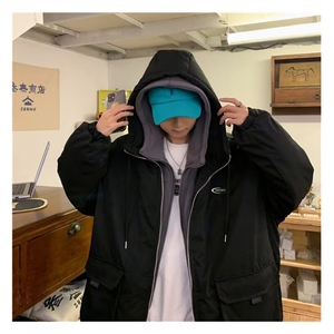 假两件棉衣男港风宽松百搭工装棉袄外套冬季连帽棉服 MN105图片
