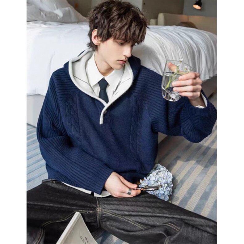 拼色连帽绞花纹高级感男士毛衣秋冬季cleanfit男装衣服 M5836图片