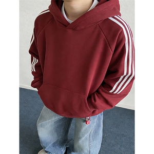 高品质春装新款男女美式高街结构三条杠宽松纯色织带连帽卫衣CM04图片