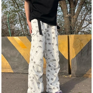 美式风泼墨印花直筒牛仔裤男女高街潮流休闲垂感百搭阔腿裤子图片