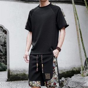 夏季拼接圆领T恤刺绣短裤两件套休闲运动套装潮A266-TZ9908-P50图片