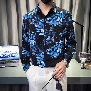B216 CS8311 P55 2025秋装新款男士印花长袖衬衫 社会风图片