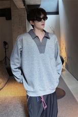 WY10153-特P48控88小众撞色面料拼接格子假两件大码男宽松卫衣，男装卫衣，电商A059