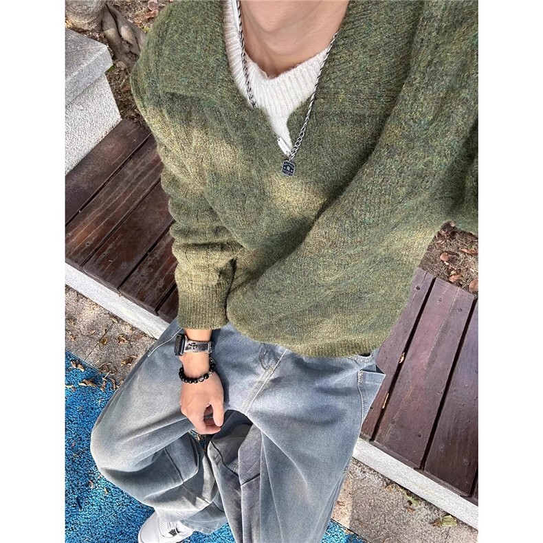 假两件麻花毛衣男冬季慵懒松弛感毛线衣软糯v领针织衫WLZ133-P55,男装针织衫/毛衣,星座1008