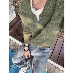 假两件麻花毛衣男冬季慵懒松弛感毛线衣软糯v领针织衫WLZ133-P55图片