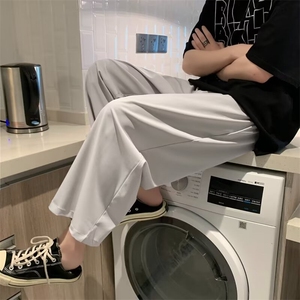 日系简约直筒裤男宽松九分阔腿裤夏季痞帅垂感冰丝休闲裤 KW8图片
