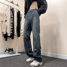 美式复古设计感拼接做旧牛仔裤男女宽松微喇叭vibe垂感裤子-NZ011，男装牛仔裤，星座601-2