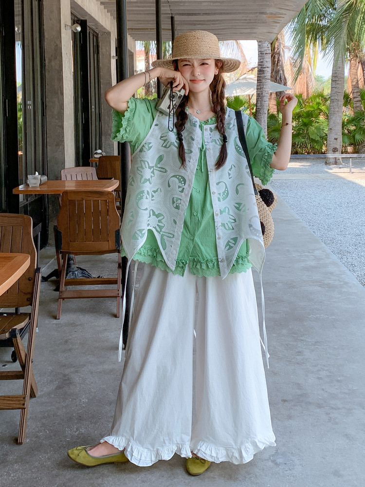 温柔风不规则蕾丝罩衫木耳边衬衣套装女夏季2025新款阔腿裤三件套,女装套装/套裙,含赞
