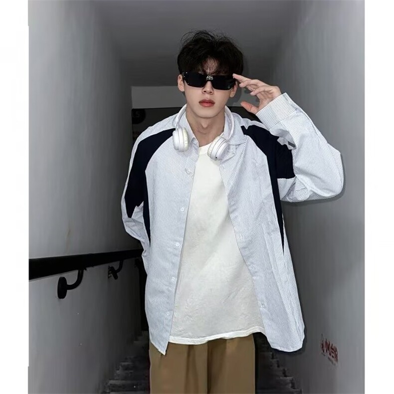 Q7-P39日系cityboy港风竖条纹衬衫男女高级感长袖,男装衬衫,电商B323A
