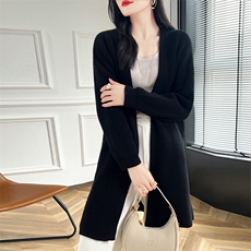 女开衫外套2024秋冬新款无扣长袖长款过膝针织开衫羊毛衫，女装羊毛衫，蒙特羊绒