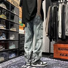 牛仔裤男潮大码休闲裤子高街设计感十字架火焰裤子N3309P42，男装牛仔裤，星座1116-2