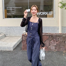 法式小香风天丝牛仔套装女2025夏季新款气质吊带外披休闲裤三件套，女装套装/套裙，2D078