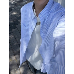 学院风撞色条纹长袖衬衫男款秋季高级感潮流宽松港风帅气衬衣外套图片