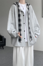 WY10143-特p49控88设计感高质感大帽子连帽格子撞色大码卫衣男，男装卫衣，电商A059