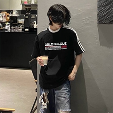 抖音得物高品质二开240克宽松纯棉美式潮牌三条杠织带短袖T恤，男装T恤，电商A486-1