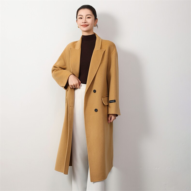 时尚百搭秋冬新款羊毛女士双面呢大衣显瘦气质长款外套，女装双面呢大衣，岳达羊绒