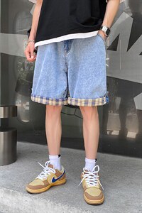 ins情侣宽松格子翻边夏季薄款五分裤子牛仔短裤男 A125-DK16-P38图片