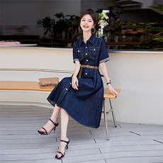 天丝牛仔连衣裙女欧货2025夏季新款高级感气质收腰显瘦衬衫长裙子，女装连衣裙，沁沁公主