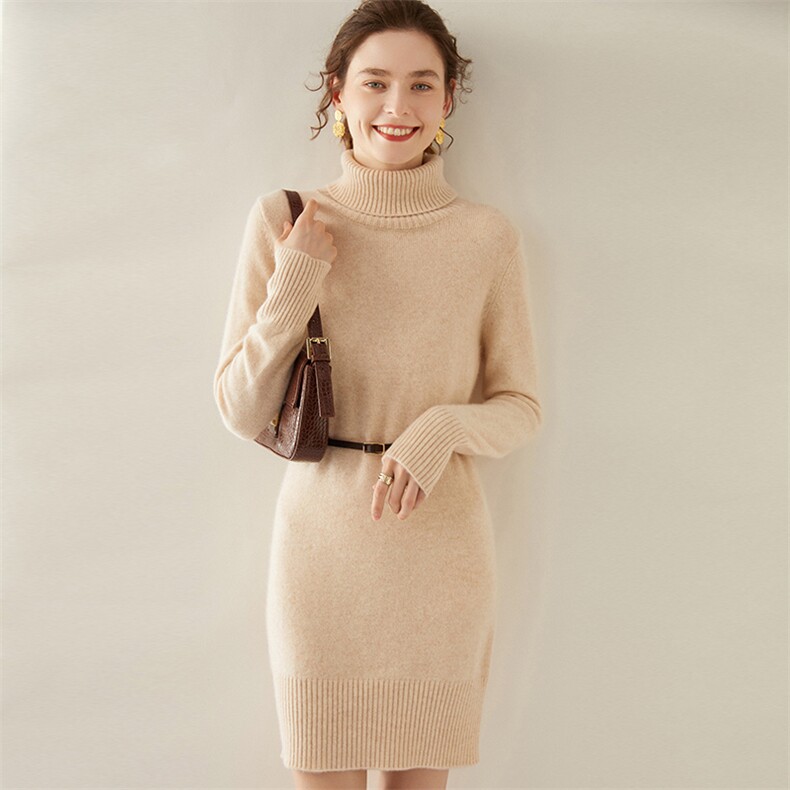 秋冬季新款舒适时尚百搭女士七针长高反羊绒裙,女装羊绒衫,圣寒羊绒