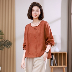2024春新款女装圆领刺绣苎麻长袖衬衫显瘦百搭气质上衣，女装衬衫，希欧阁