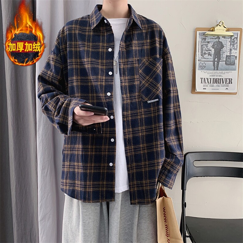 加绒衬衫男冬季新款港风宽松大码加厚磨毛格子长袖衬衣JR37-特P40，男装衬衫，星座214-3