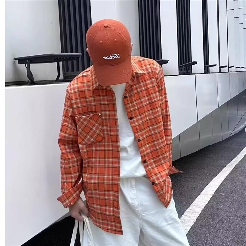 CS203-P33复古格纹设计感长袖衬衫男女小众宽松休闲,男装衬衫,电商B323A