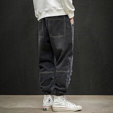2021春季新日系大码男束脚字母印花破洞拼接九分牛仔裤N8102-P55，男装牛仔裤，电商A001