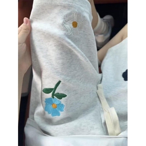 直筒花朵刺绣沙滩短裤男美式慵懒太空棉五分卫裤吸湿运动大码裤子,美式运动短裤穿搭小个子图片