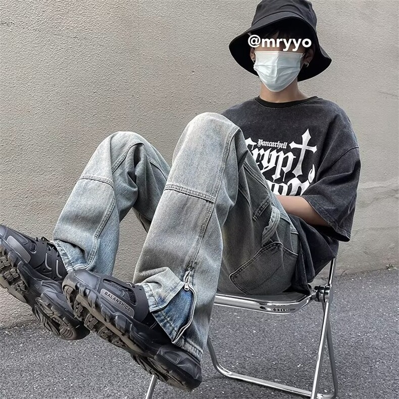 美式vibe裤子高街水洗牛仔裤男设计感小众拉链裤NK715P45,男装牛仔裤,星座1116-2
