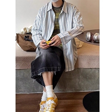 日系复古小众设计感民族风条纹长袖衬衫男春秋季潮流衬衫外套，男装衬衫，星座506A