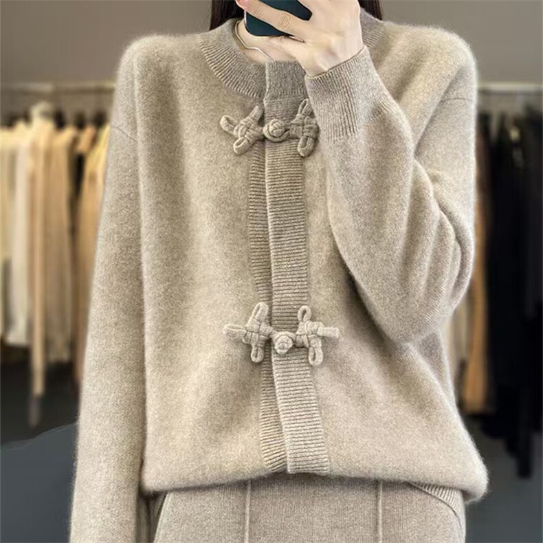 100%纯羊毛开衫女圆领复古盘扣长袖针织衫外套宽松羊绒衫外搭毛衣,针织衫/毛衣,萱芳婷羊绒