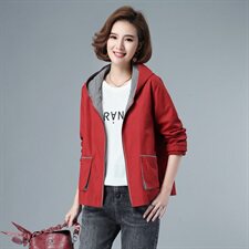 女士纯棉短款外套2021春秋季新款韩版时尚连帽拉链全棉上衣妈妈装，女装短外套，伊满意