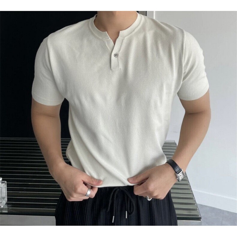 纯色百搭亨利领设计冰丝韩版短袖针织打底衫PL114/P45降,男装T恤,电商A243