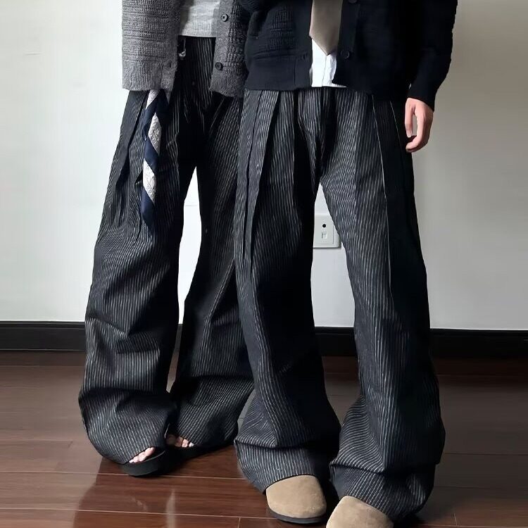 复古休闲裤男士春秋季百褶皱坠感垂感韩系潮流阔腿直筒长裤子潮图片