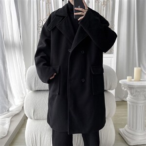 N6150/P115秋冬新双排扣长款过膝呢大衣男风衣毛呢料外套宽松呢子图片