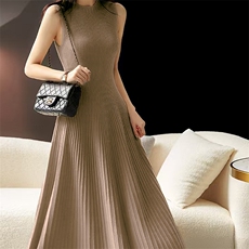 气质温柔时尚百搭显瘦纯毛抽条无袖连衣长裙，女装连衣裙，唯若美羊绒