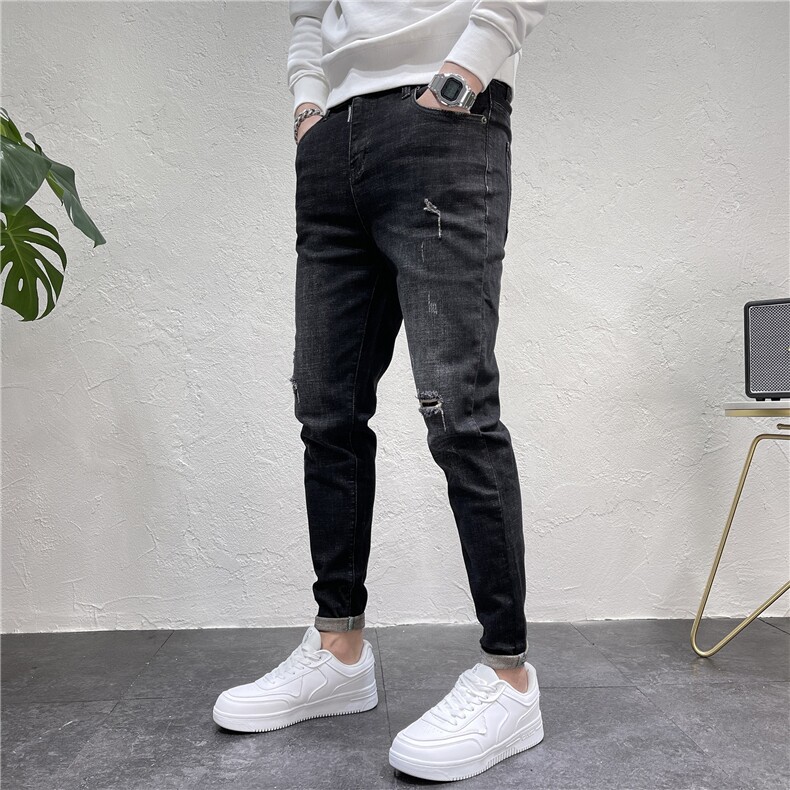 秋冬季黑色破洞牛仔裤男潮流百搭小脚裤社会小伙D311K214P80，男装牛仔裤，电商D311