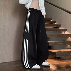 条纹卫裤男夏季新款宽松直筒拼接休闲长裤式运动裤QA24-P32，男装休闲裤，星座208-5
