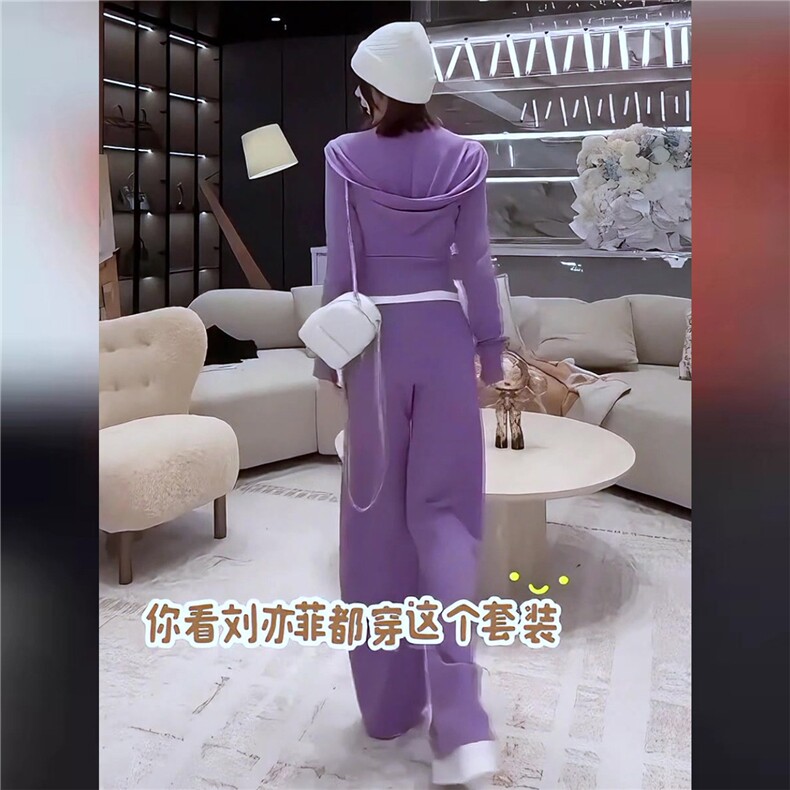 休闲时尚减龄套装女春季新款宽松显瘦纯色连帽卫衣阔腿长裤两件套,女装套装/套裙,江南
