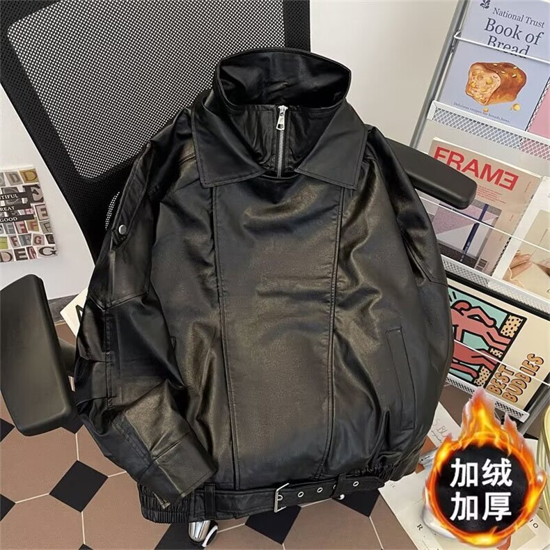加绒皮衣外套男潮牌宽松廓形双层领短款机车夹克上衣图片