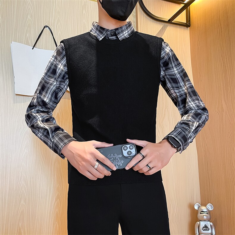 秋冬新款男士衬衫格子袖毛衣假二件男冬季打底衫301A-1/M82/P75,男装T恤,星座301A-1