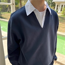 藏青色假两件polo领卫衣男款美式复古翻领长袖t恤cleanfit套头衫，男装卫衣，星座218-1（原230）
